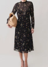 Zara Floral Mesh Top Midi Dress Size XS Black High Neck Silky Royalcore Sheer