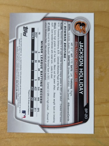 JACKSON HOLLIDAY ORIOLES 2023 BOWMAN DRAFT #BD-118 - Imagen 6 de 6