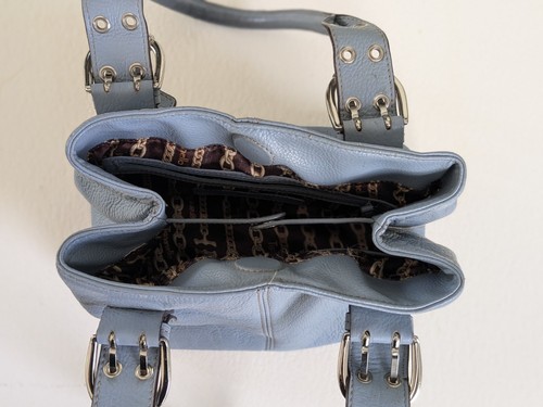 Vintage Tignanello Light Blue / Gray 100% Leather Double Handle Purse Bag - Picture 6 of 10