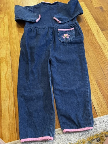 Vintage Rachel’s Kids Girls Size 4 Denim One Piece Jumpsuit Floral Pink Trim - Picture 9 of 11