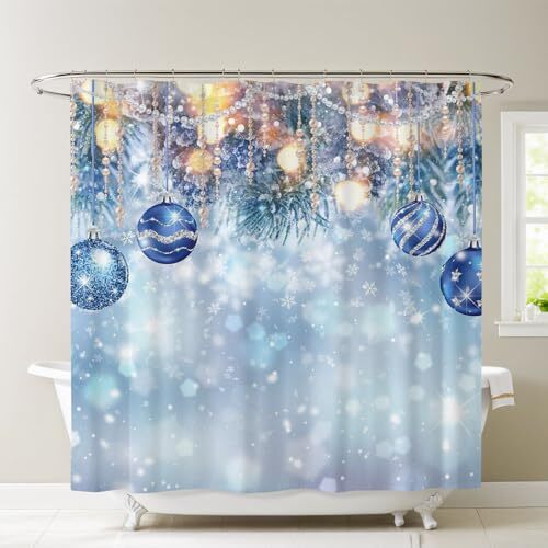 Christmas Shower Curtain Blue Christmas Balls Xmas Tree Branches Bathroom - Bild 3 von 6
