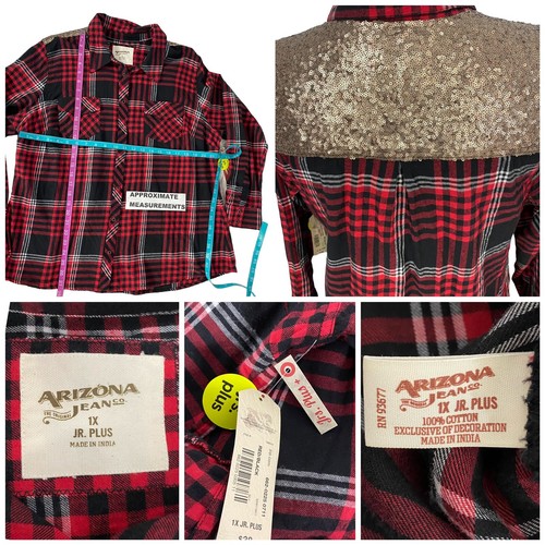 Camicia Arizona Snap Up Donna 1x Rosso Plaid Oro Paillettes Glam Country Ranch Farm - Foto 5 di 18