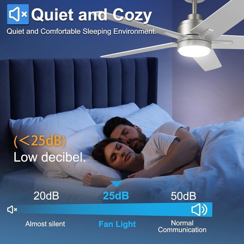 52" Nickel Ceiling Fan Lights, Remote, Dimmable LED 6 Speeds Reversible DC Motor - Picture 3 of 8