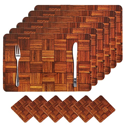 Wooden Style PVC Dining Table Placemat set with Tea Coasters - Brown US - Picture 2 of 4
