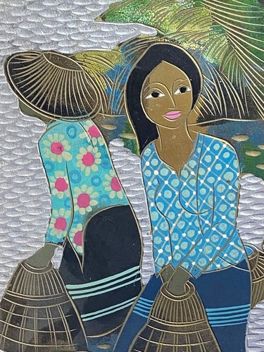Vintage Artist Signed Framed Painting of 3 Thai Women, Southeast Asian Folk Art - Picture 2 of 10