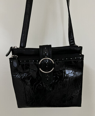 NWOT~Kim Rogers Black Floral Paten Leather Crossbody Bag