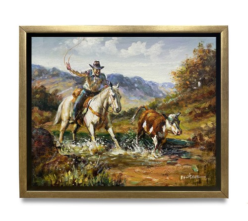Hungryartist - Original Ölgemälde Cowboy auf Leinwand 8x10 gerahmt - Bild 1 von 6