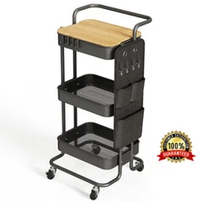 3 Tier Metal Utility Rolling Cart W/ Table Top and Side Bags Tray Storage New