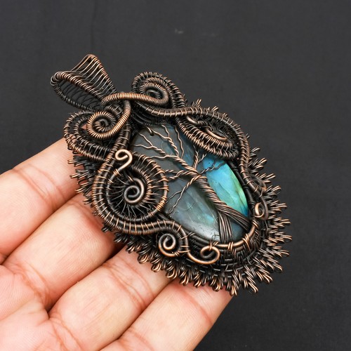 Natural Blue Fire Labradorite Gemstone  Wire Wrapped Copper Pendant Jewelry - Picture 4 of 4