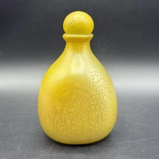 LUNA Mexican Art Glass Bottle W/ Stopper Hand Painted  Crackle Avocado Green 5”