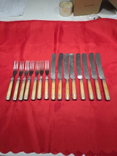 ANTIQUE CIVIL WAR ERA ? FORK KNIFE SET BONE ? STAR INLAY GOODELL COMPANY NH