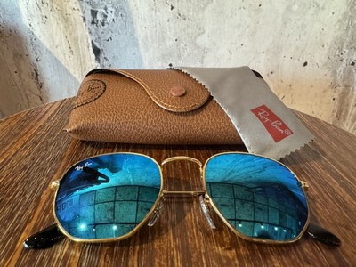 Ray-Ban Unisex Hexagonal Sunglasses Gold Frame, Blue mirror  display picture 2