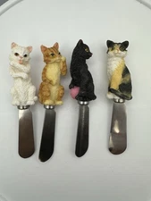 Boston Warehouse Set of 4 Cat Cheese Butter Spreader Stainless Steel Knives EUC