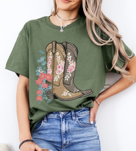 Cowboy Boots T-Shirt Vintage Style Western Tee Cowgirl Floral BOHO Plus Sizes - Picture 1 of 16