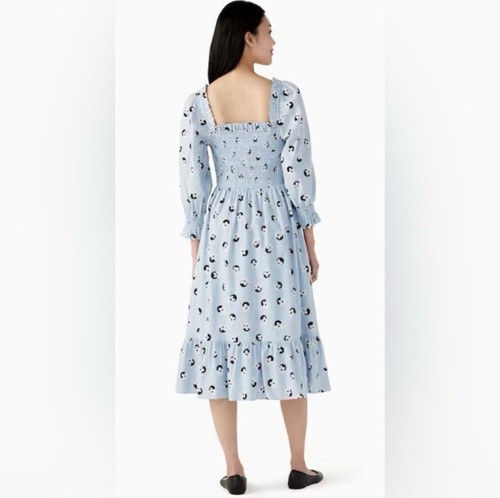 Kate Spade XL Midi Dress Floral Dot Smocked Cottagecore Blue Boho Ruffle - Picture 3 of 9