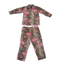 Vtg Nick & Nora 2 Piece Flannel Pajamas Womens L Cheetah Rose Black Pink