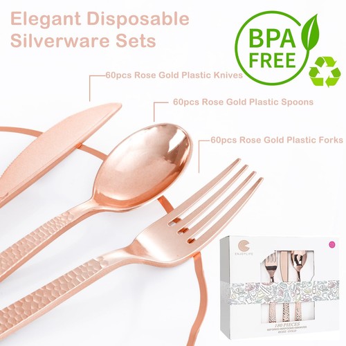 180 piezas cubiertos de plástico de oro rosa, tenedores y cucharas de plástico de alta resistencia, rosa... - Imagen 8 de 9