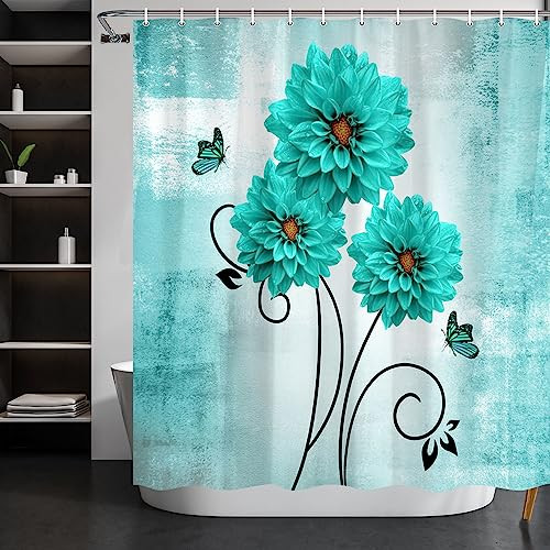 Teal Floral Shower Curtain Turquoise Blue Dahlia Flowers and Butterfly Fabric  - Imagen 4 de 5