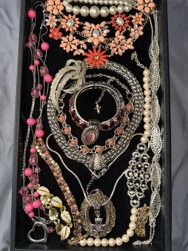 Vtg Now Pink Costume Estate Jewelry Lot Necklaces Bracelet Earrings Ring #907