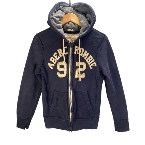 De Colección Y2k Abercrombie & Fitch Sudadera con Capucha Cremallera Completa Deletrear Pequeña Azul Marino