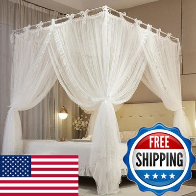 Nxgio 4 Corners Post Princess Curtain Bed Canopy Lace Up Double Layer 4 Opening