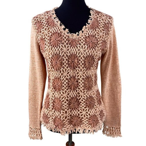 Vintage Boho Floral Crochet Sweater Size M Two Tone - Picture 9 of 9