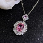 3pc Women Girls Jewelry Pink Topaz Gems Charm Silver Dangle Earring Necklace Set