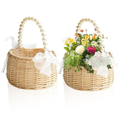 2 PCS Flower Girl Basket, Pearl Handle Flower Basket with Ribbon Bow, - Picture 1 of 7