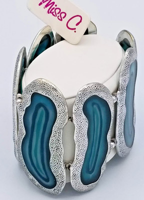 Miss C. Boho Teal Faux Agate Stretch Bracelet   Silver Tone Textured   Statement