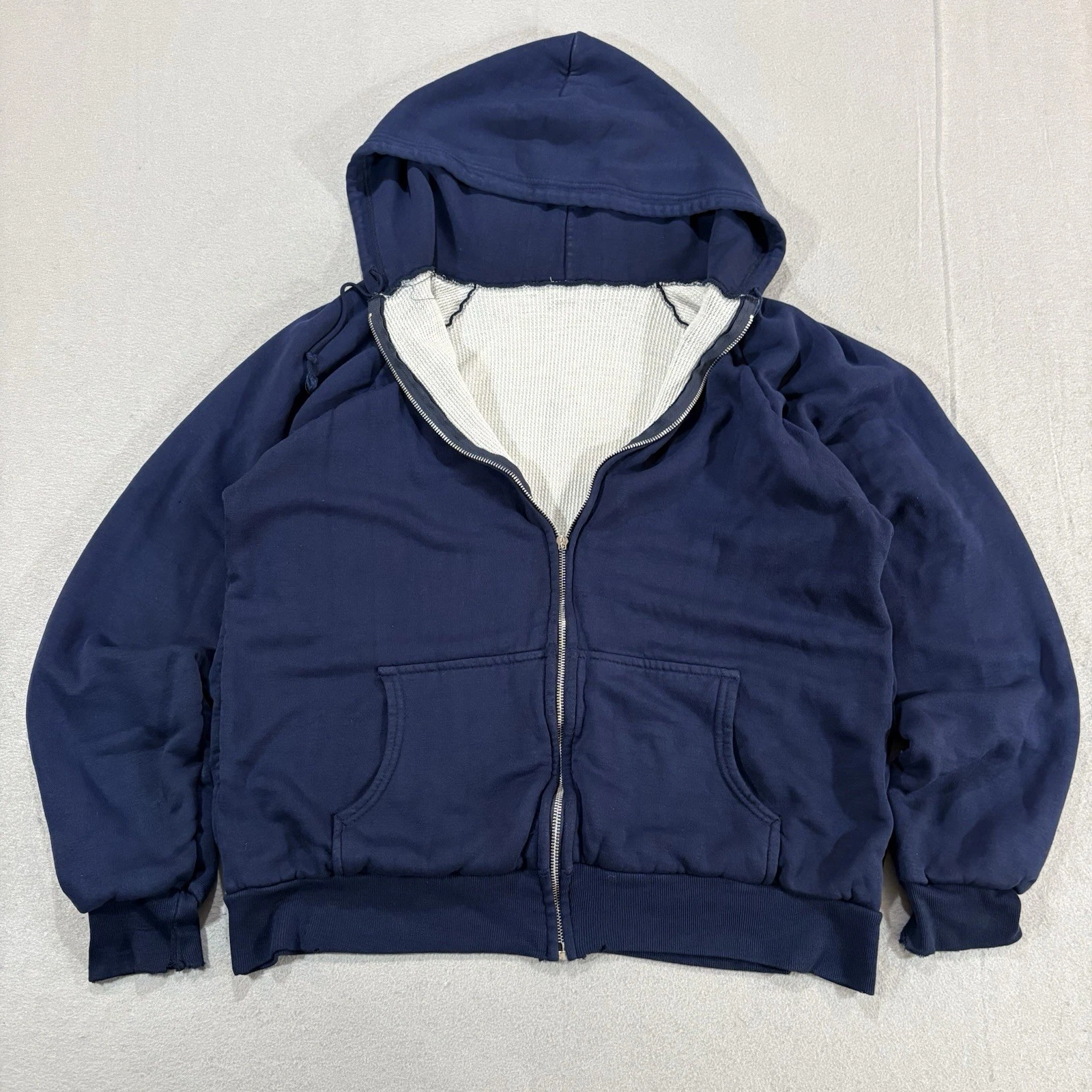 Vintage 90s Thermal Lined Full Zip Hoodie Sweatshirt Faded XL Blue Grunge Skater