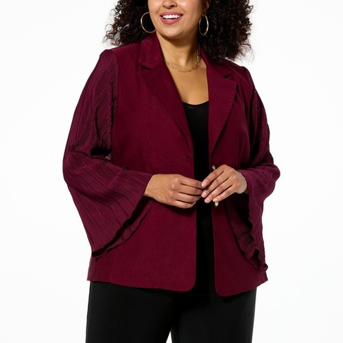 Antthony Red Burgundy Merlot 2X Pleated Bell Sleeve Executive Stretch Blazer New - Picture 2 of 5