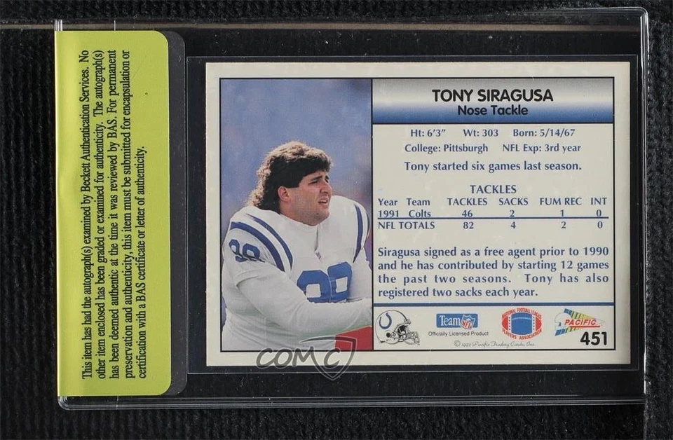 BAS 1992 Pacific Tony Siragusa #451 Beckett Auth Sticker Auto - Image 2 of 2
