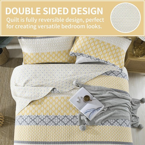 KALOOLA Yellow Quilt King Size, 100% Cotton Farmhouse Quilted Bedspread with ... - Picture 3 of 7