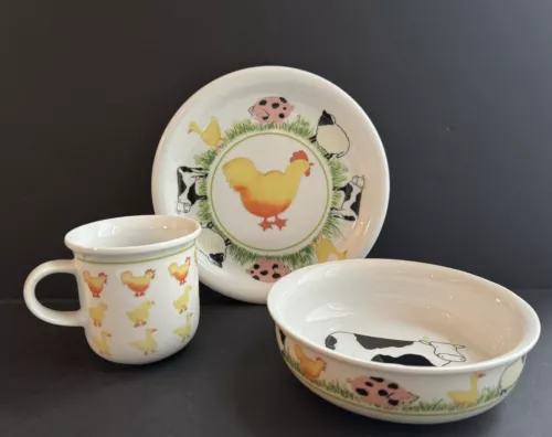 Arzberg Germany Vintage Child's 3-Piece Farm Fun Dinnerware Set Plate, Bowl, Mug