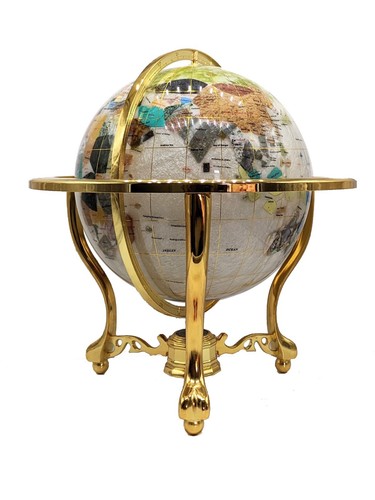 21" Tall Pearl Ocean Tripod Leg Gold Table Top Gem GEMSTONE WORLD MAP MOP GLOBE - Picture 4 of 4