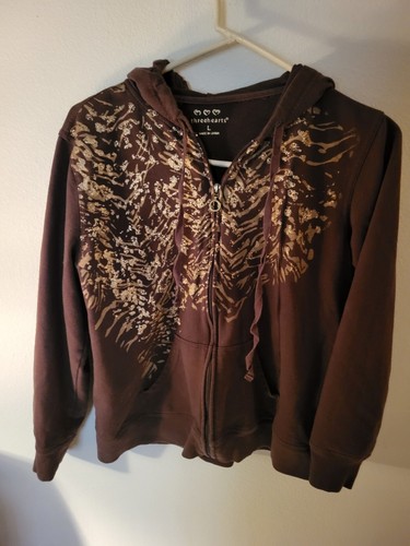 Three Hearts Size L Teen Brown Gold Sparkle Accents Hoodie Full Zip 24 L 21 Acro - Picture 19 of 24