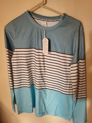 Faded Glory Womens Blouse M T Shirt NWT Blue Black White Stripe Polyester L Slee - Picture 14 of 24