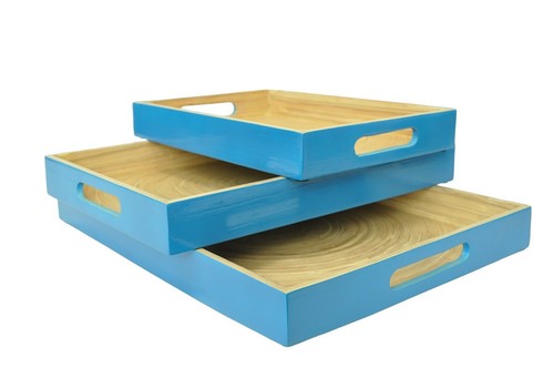 Handmade Lacquer Bamboo Rectangular Tray Serving Decorative Tray High Gloss blue - Picture 9 of 34