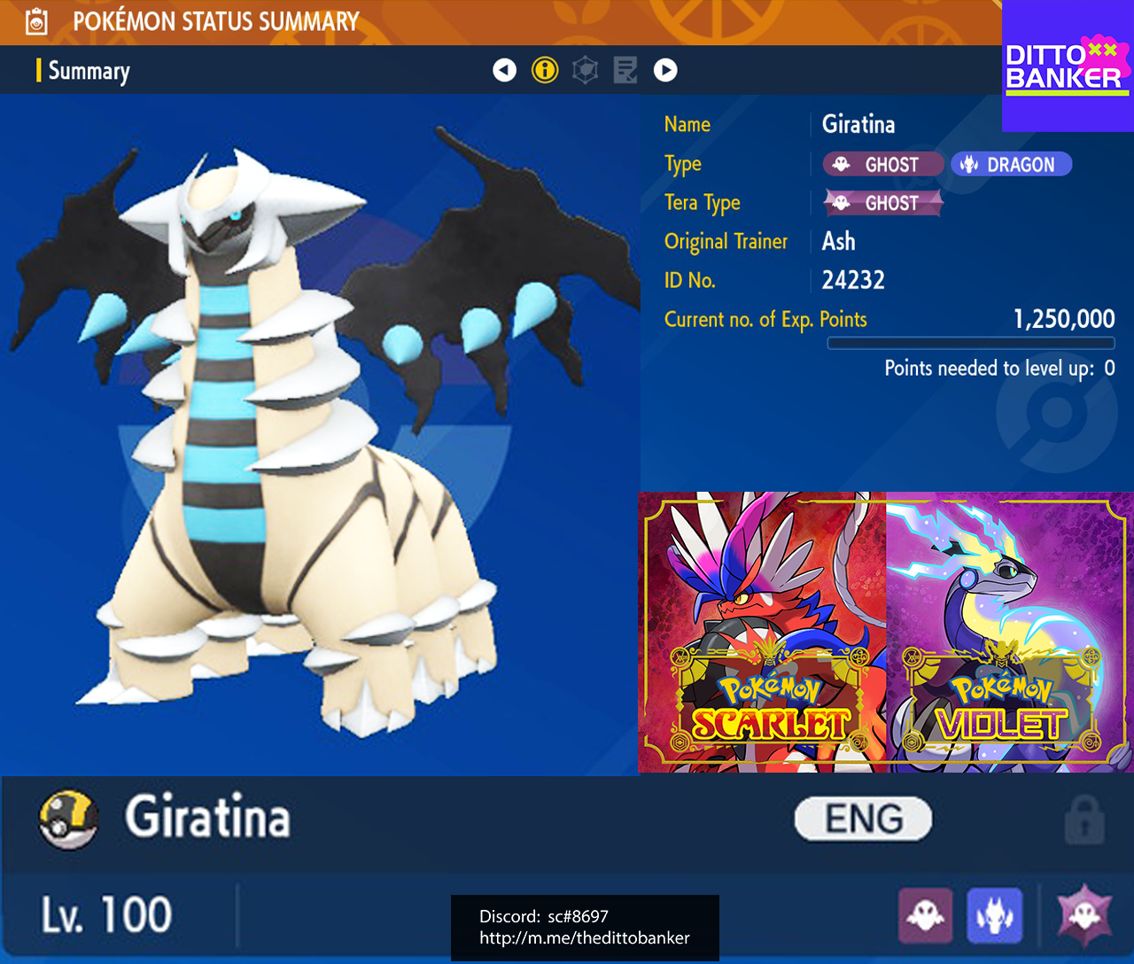 Pokemon Scarlet and Violet Shiny Giratina 6IV-EV Trained