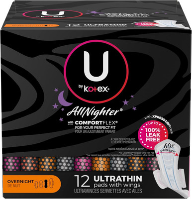 U by Kotex  Professional All-Nighter Overnight Pads with Wings, Box of 12