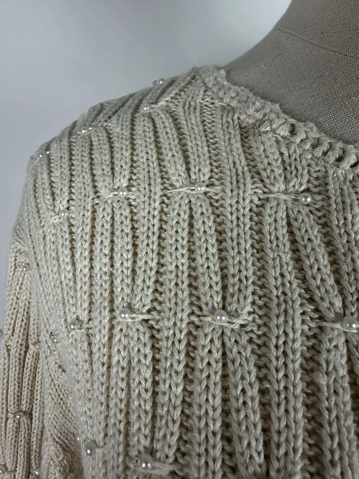Suéter Vintage Años 90 Mujer Pequeño Marfil Tejido con Cable Perla Cuentas Romántico Boho Foto 4 de 4