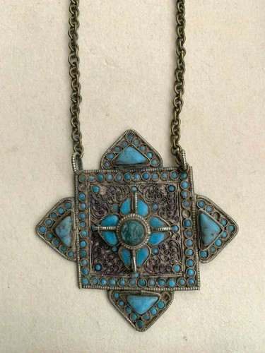 Antique Ethnic Silver Necklace Huge pendant with Turquoise Beads & Jade Rose - Picture 3 of 7