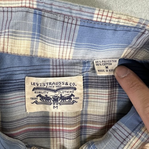 Vintage 90s Levis Pearl Snap Plaid Western Shirt Women Medium Blue Pink Silver - Picture 4 of 7