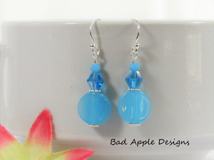 AQUA-BLUE-Czech-Glass-amp-Crystal-925-STERLING-SILVER-Earrings-USA-HANDMADE