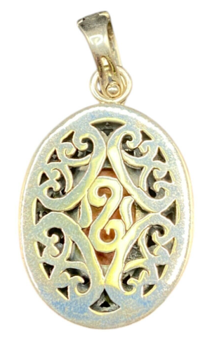Spiny Oyster Oval Shaped Pendant Orange Gemstone 925 Sterling Silver Filigree - Picture 2 of 13