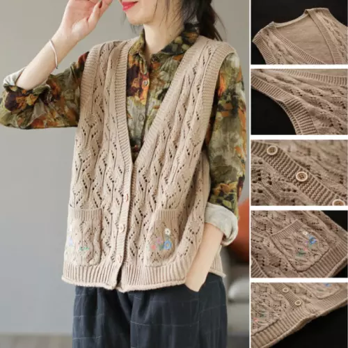 Women Knit Vest Hollow-out Tank Sleeveless Cardigan Gilet Embroidered Sweater - Picture 6 of 19