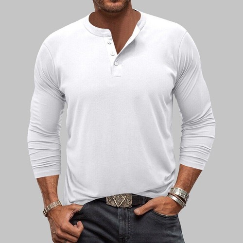 Mens Long Sleeve Grandad T shirt Pullover V-Neck Shirt Henley Tops Blouses Tee - Picture 27 of 32