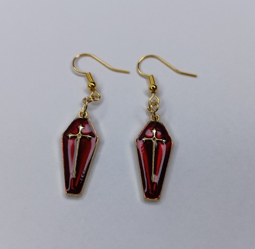 Halloween French Hook Earrings Gold Tone Red Enamel Coffin Earring Pair - Picture 2 of 13