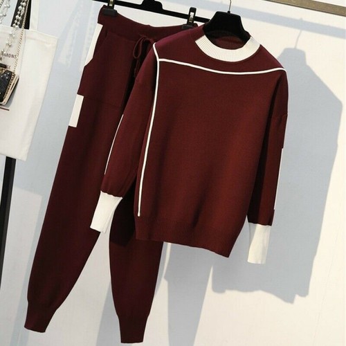 Dama Pullover Suéter Cordón Pantalones Cónicos Tejido Jersey Conjunto Chándal Cálido - Imagen 7 de 9