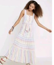 Urban Outfitters Medium San Katy Linen Ruffle Rainbow Slub Stripe Maxi Dress